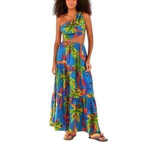 FLYING TOMATO Blue Maxi‎ Dress M Floral Tropical Off The Shoulder Cutout Farm